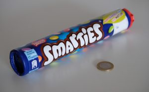 Image of European Smarties chocolate candy-coated discs.