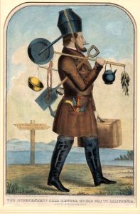 Man in a military-style coat and hat carrying paraphernalia that would be useless for a miner. 