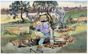 WATERCOLOR PAINTING OF JOHN FINN DIGGING GRAVES ON ARSENAL ISLAND FOR CHOLERA EPIDEMIC BY GEORGE CONREY